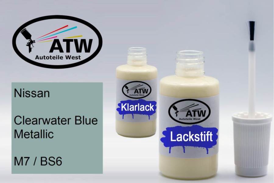 Nissan, Clearwater Blue Metallic, M7 / BS6: 20ml Lackstift + 20ml Klarlack - Set, von ATW Autoteile West.